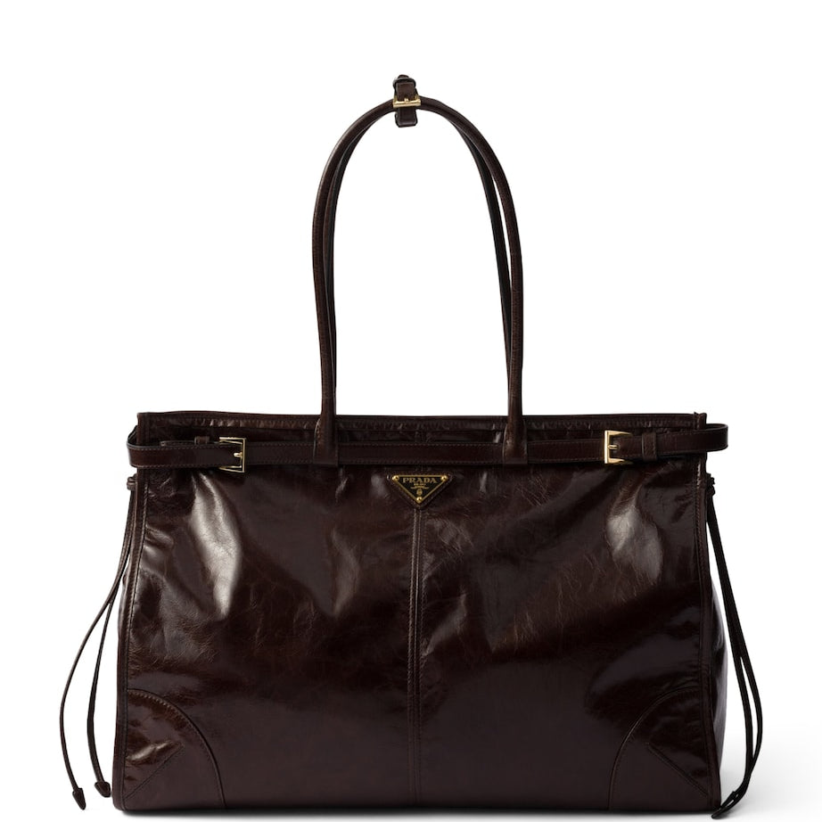 Prada Brown Large Leather Buckle Tote Bag