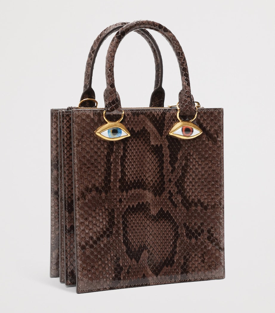Brown Python Skin Face Top-Handle Bag