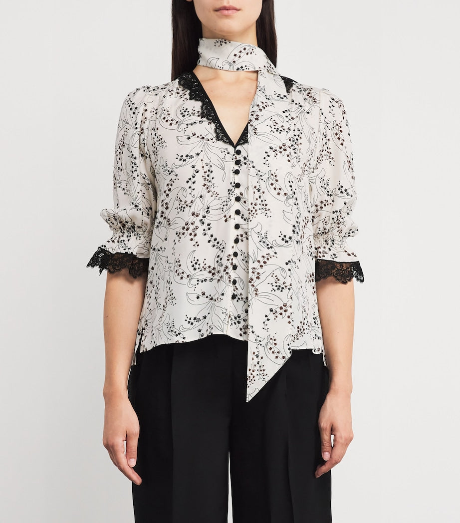ME+EM Ivory Silk Printed Tie-Detail Blouse