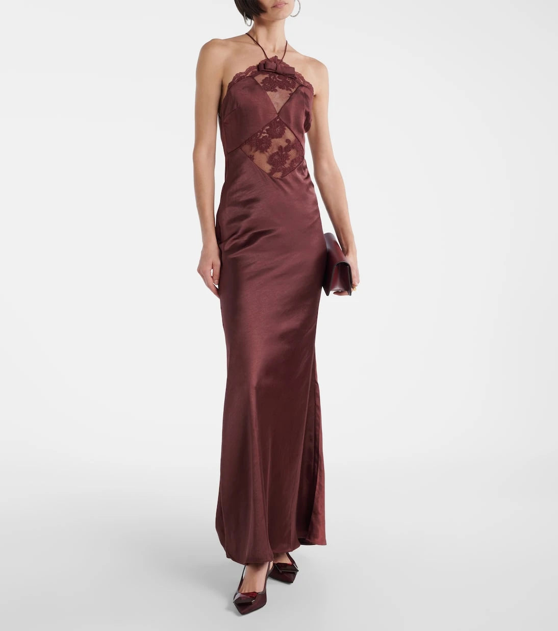 Self-Portrait - Lace-trimmed halterneck satin gown