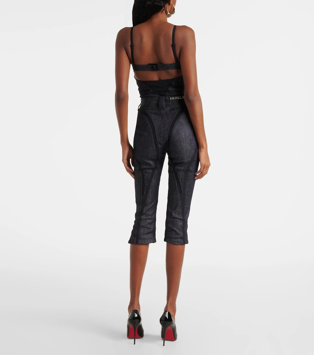 Mugler - Mesh-trimmed denim capri pants