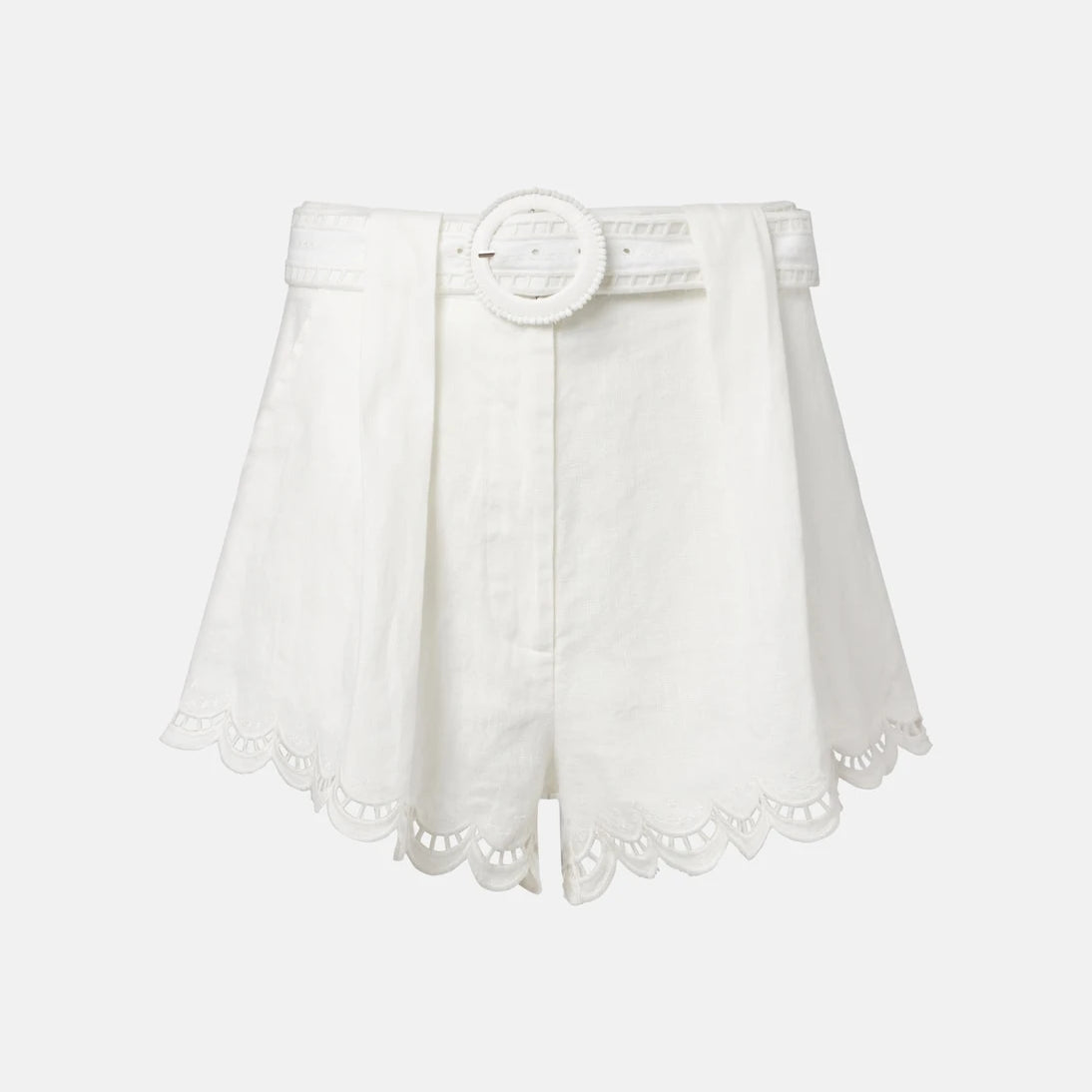 Farm Rio - Belted pleated scalloped linen shorts