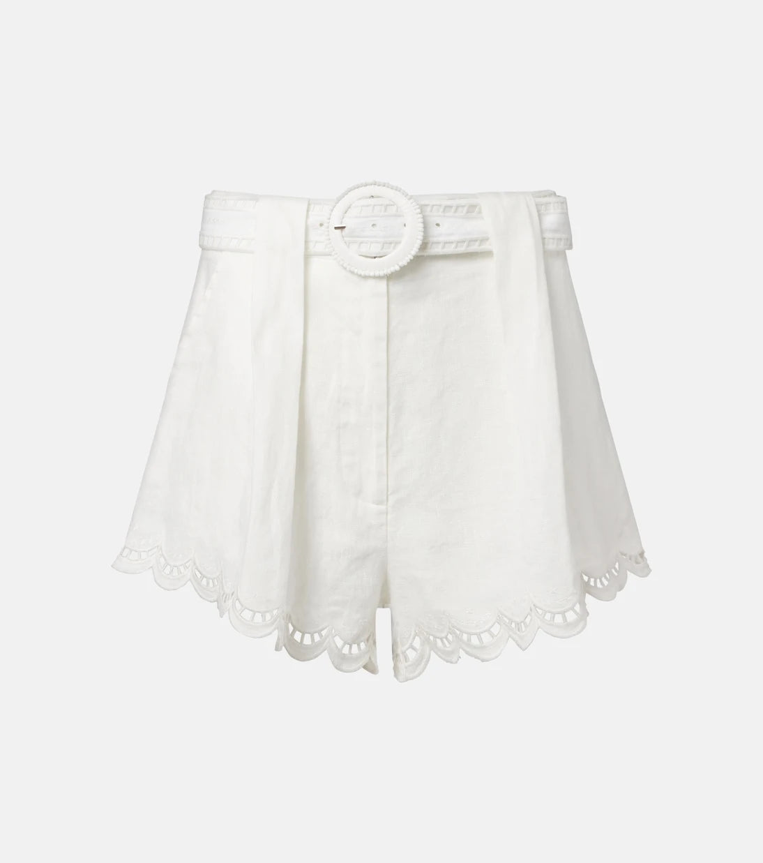 Farm Rio - Belted pleated scalloped linen shorts