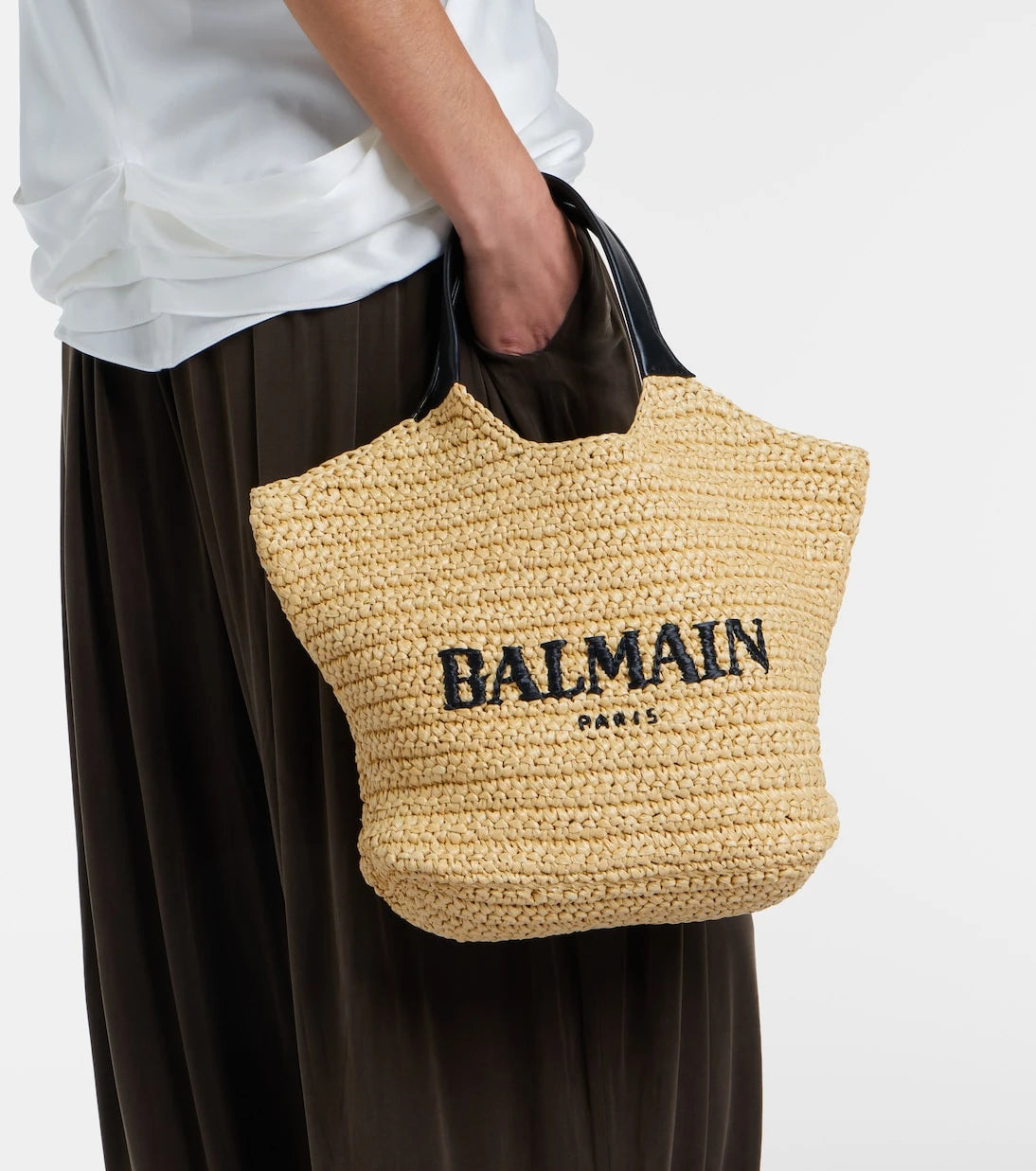 Balmain - Logo raffia-effect top-handle bag