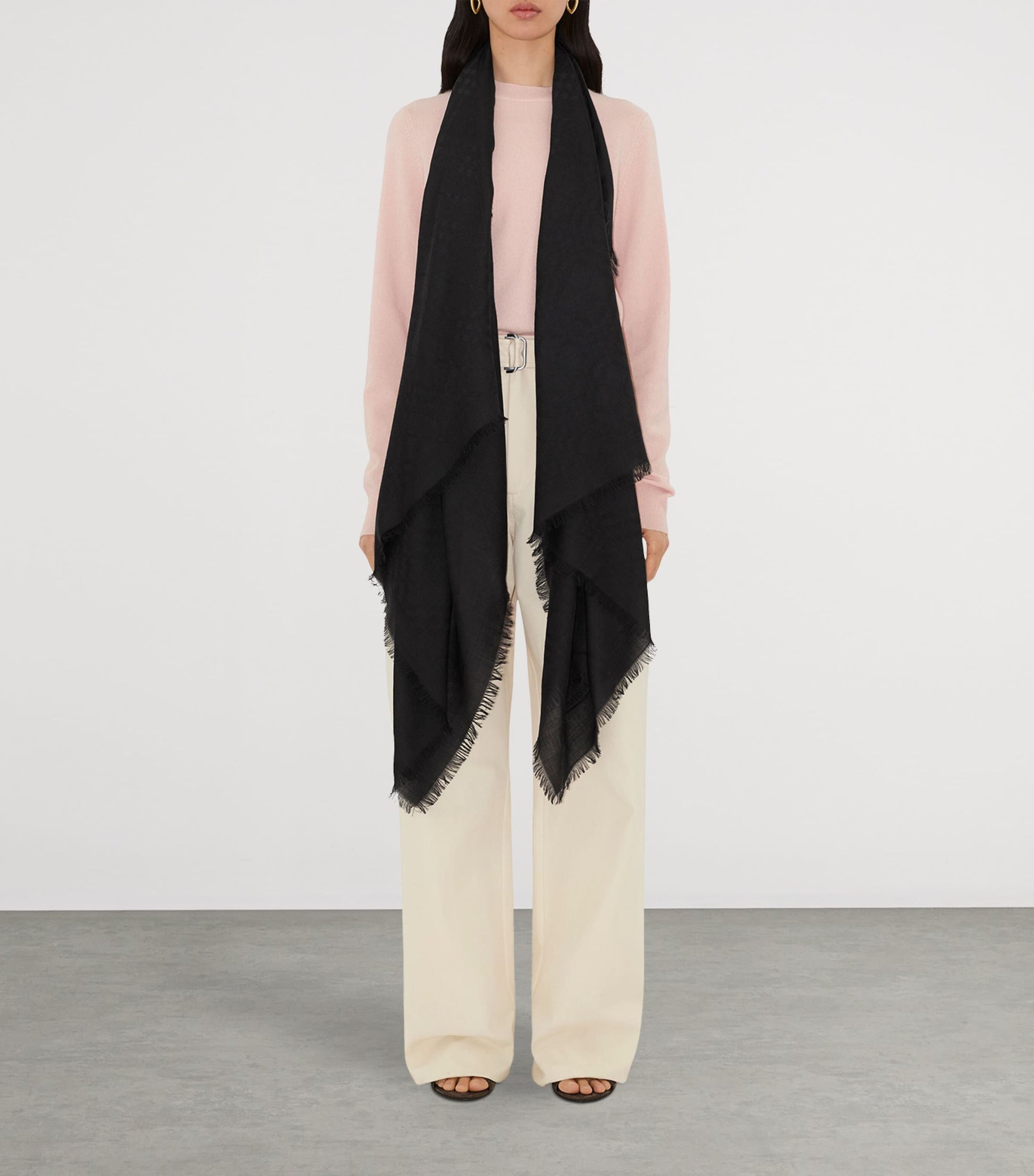 Black Wool-Silk Wide Check Scarf