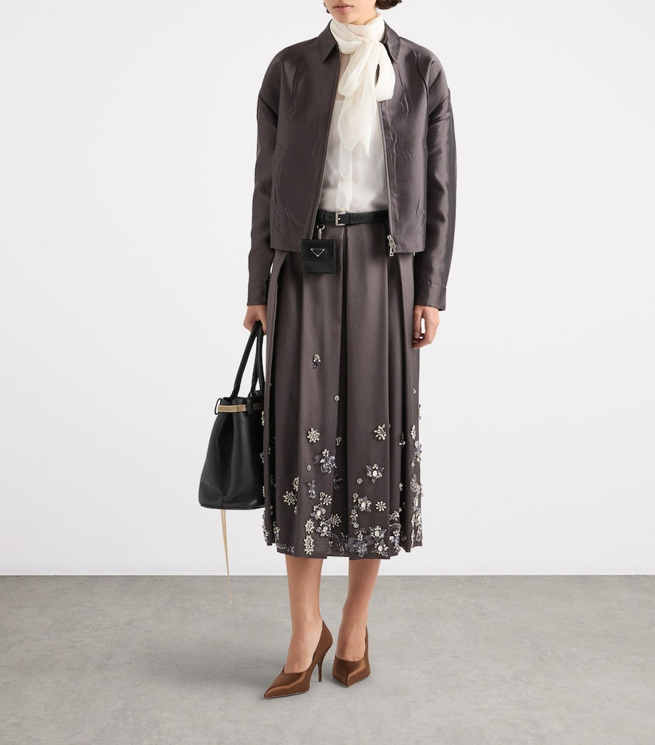 Prada Grey Silk-Wool Embroidered Skirt