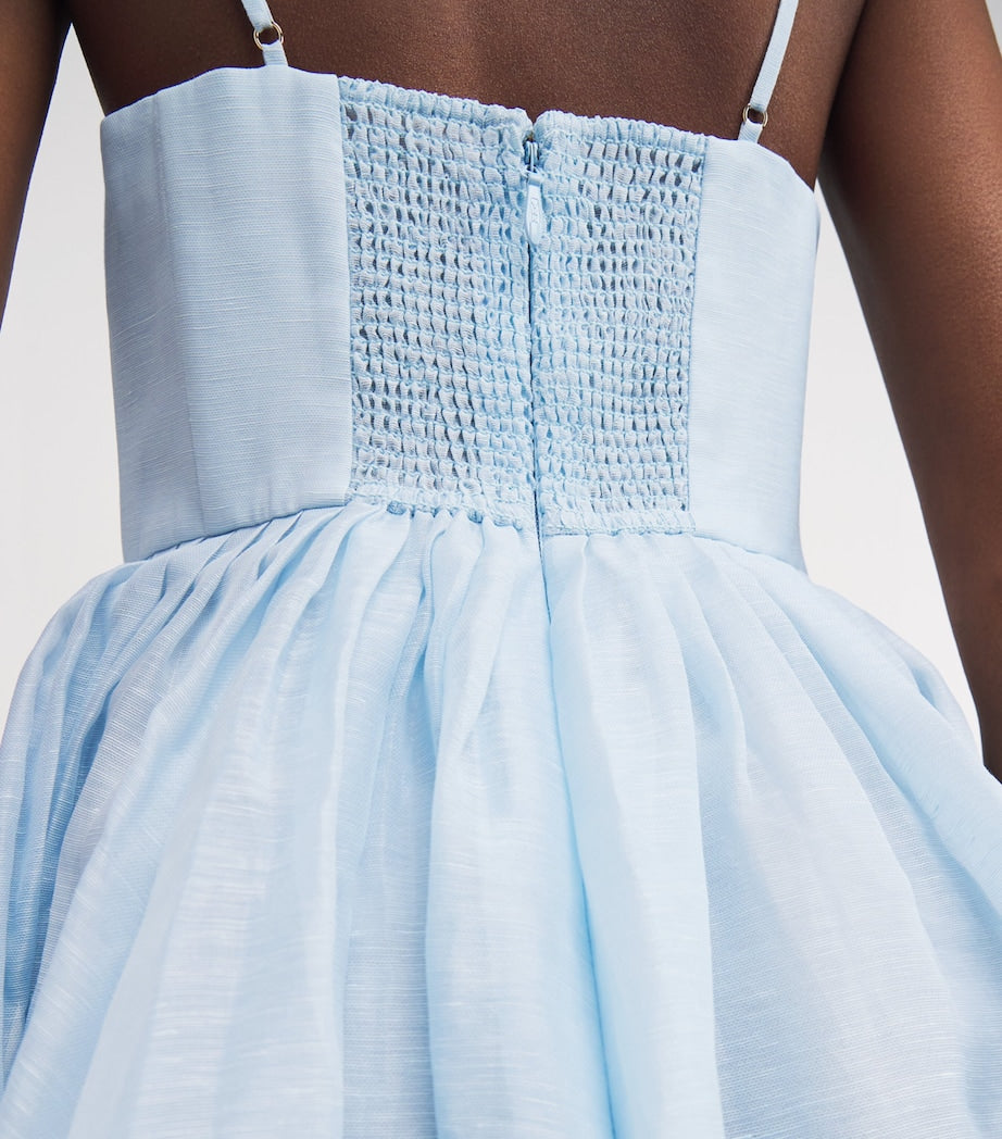 Blue Linen-Silk Plunge-Neck Mini Dress