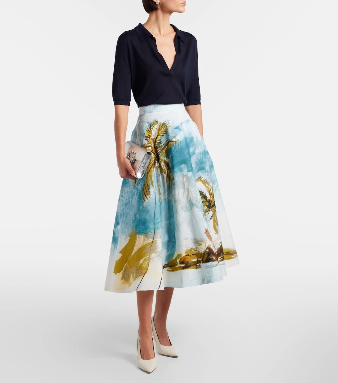 Oscar de la Renta - Printed cotton-blend poplin midi skirt