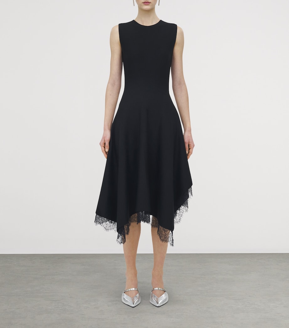McQueen Black Lace-Trim Asymmetric Midi Dress