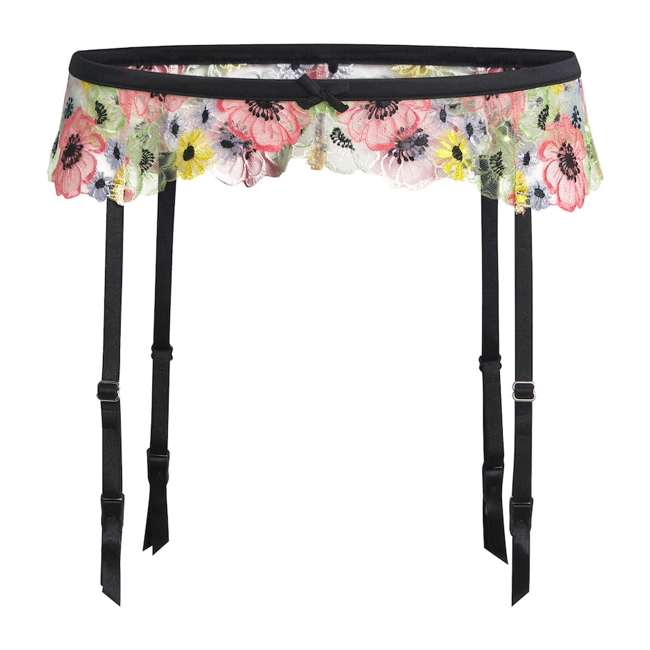 Fleur Du Mal Multi Embroidered Azalea Suspender Belt