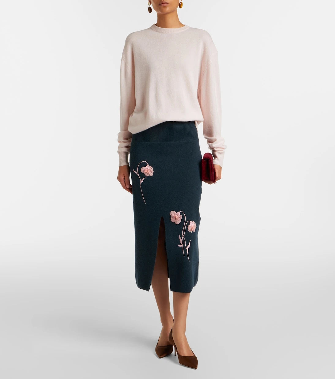 Erdem - Floral-appliqué knitted midi skirt