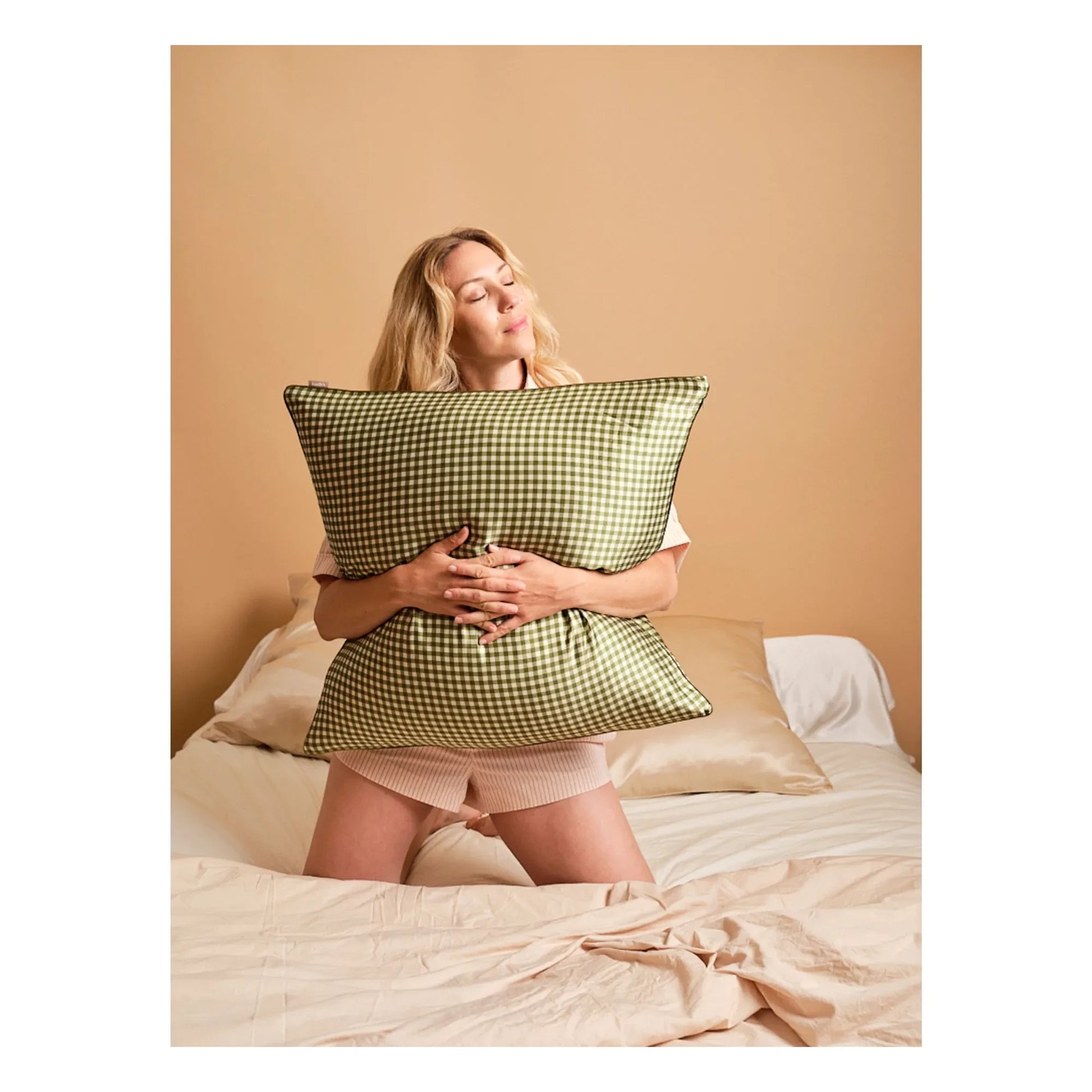 Emily's Pillow - Gingham printed mulberry silk pillowcase   | Khaki