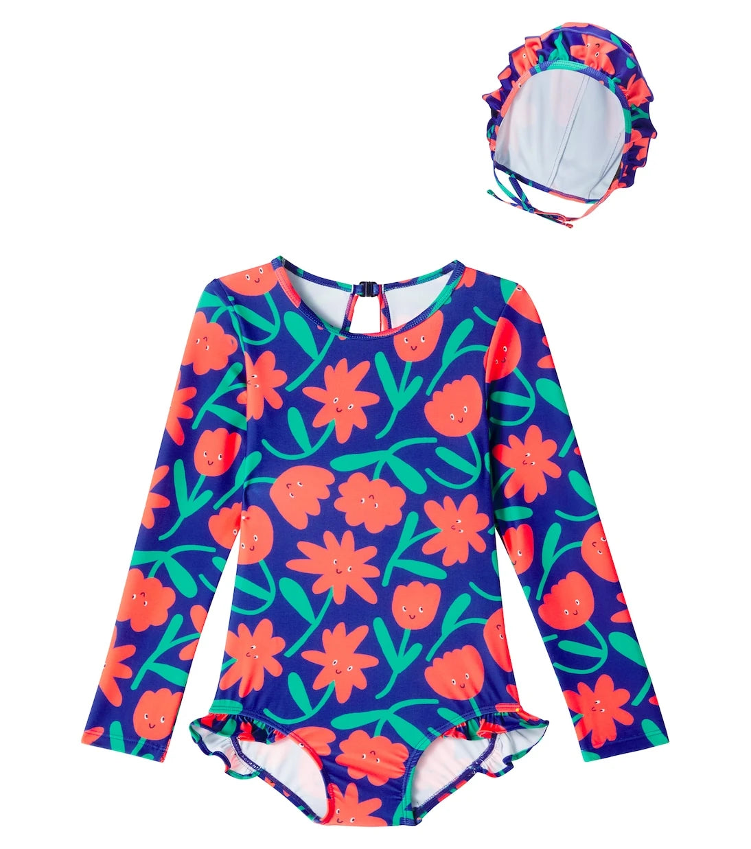 Jellymallow - Floral ruffled swimsuit and cap set