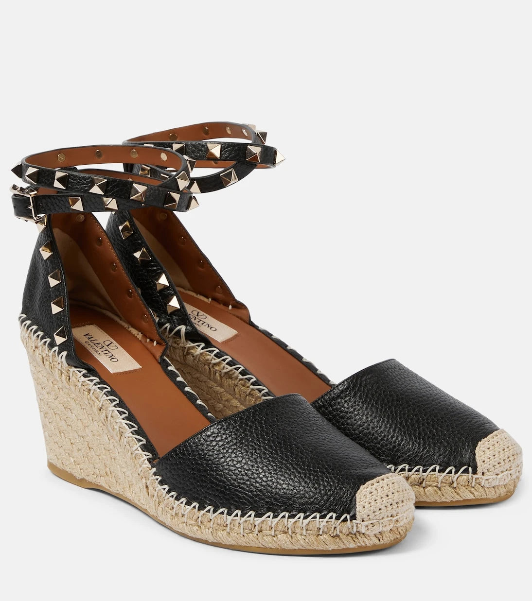 Valentino Garavani - Rockstud Double leather wedge espadrilles