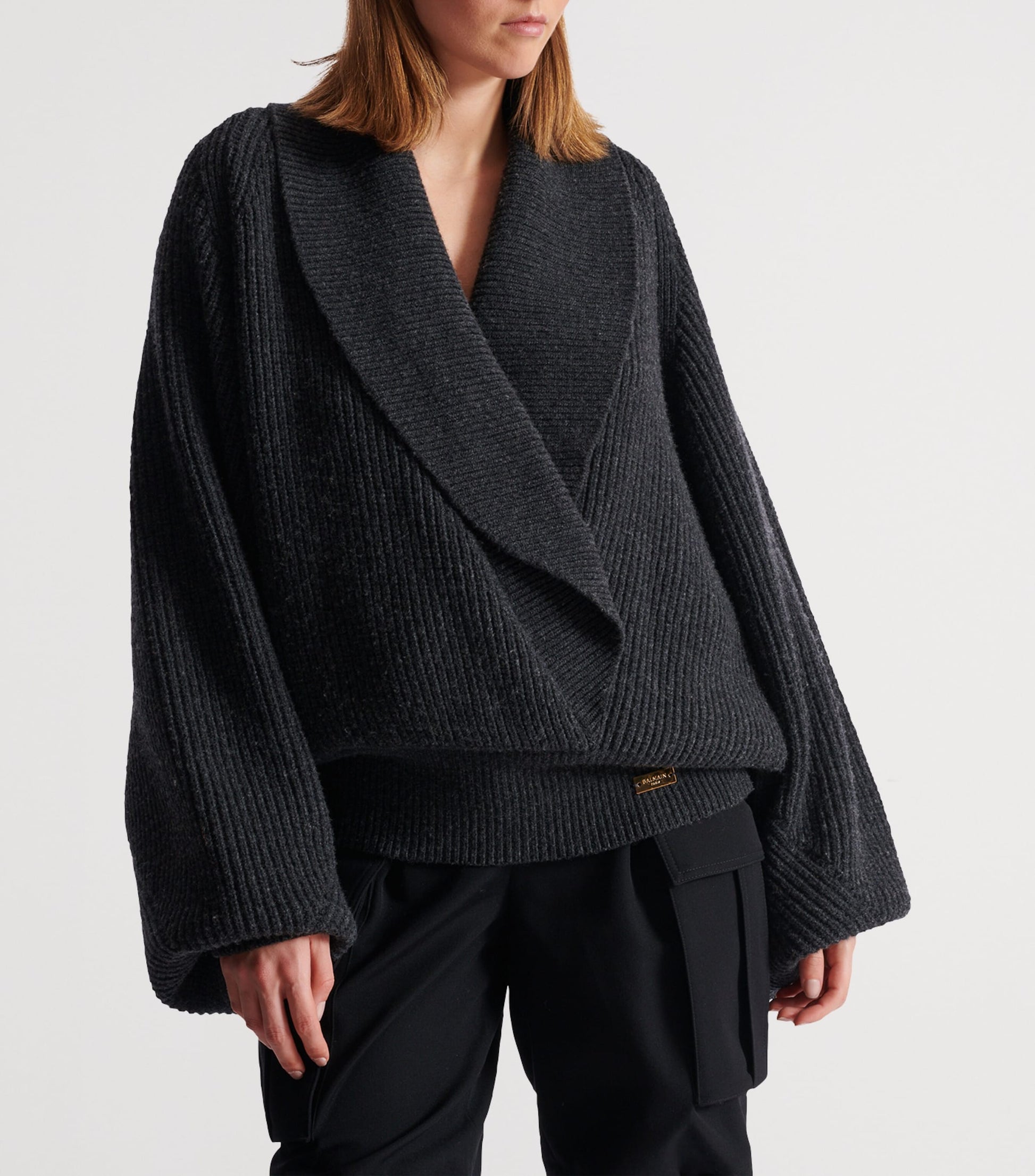 Balmain Grey Wool Oversized Wrap Sweater