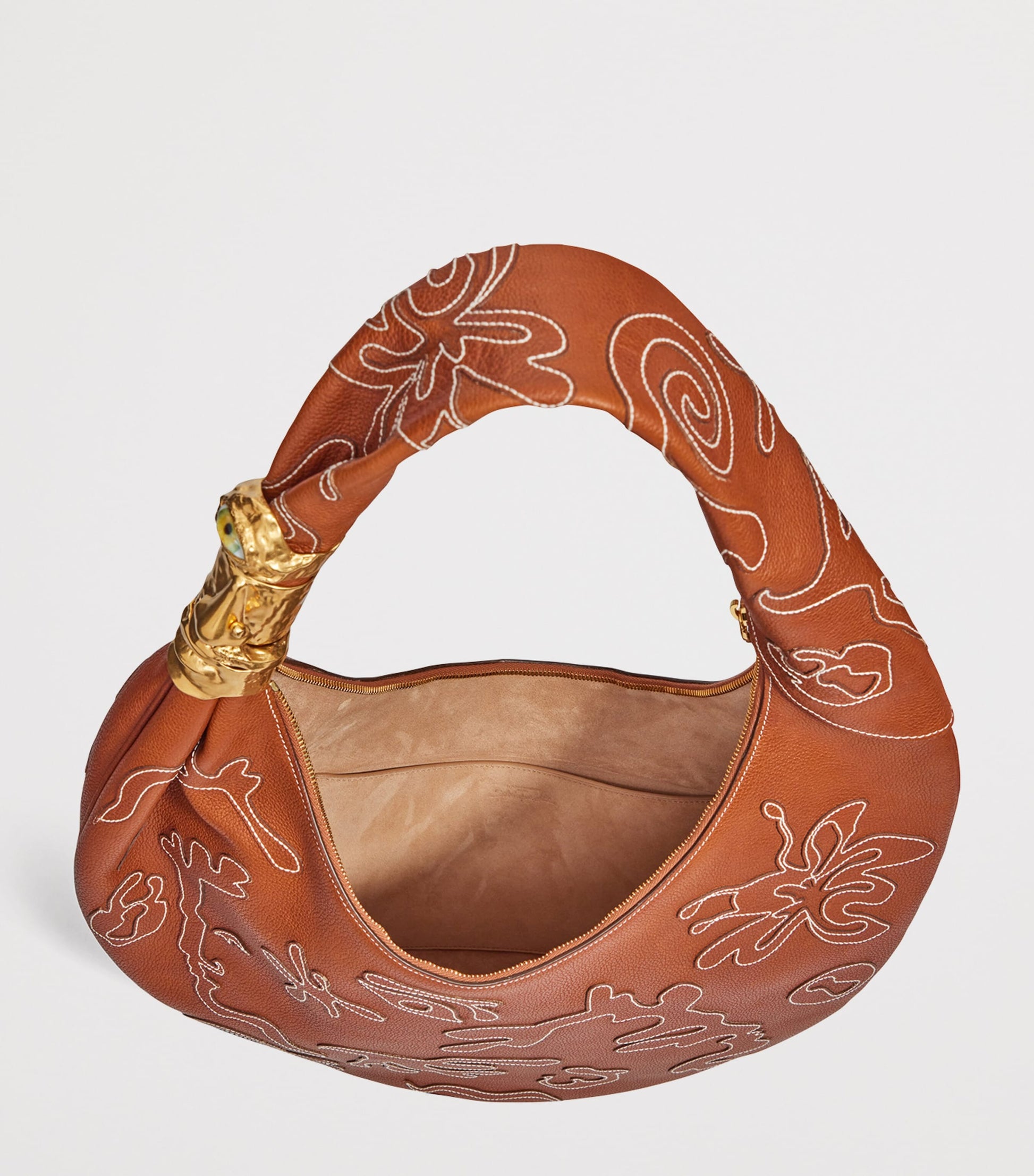 Large Leather Embroidered Soufflé Shoulder Bag 806 CARAMEL