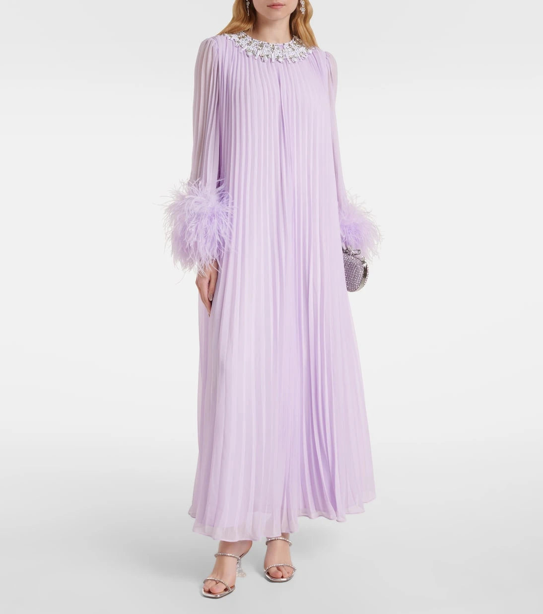 Self-Portrait - Feather-trimmed plissé chiffon maxi dress