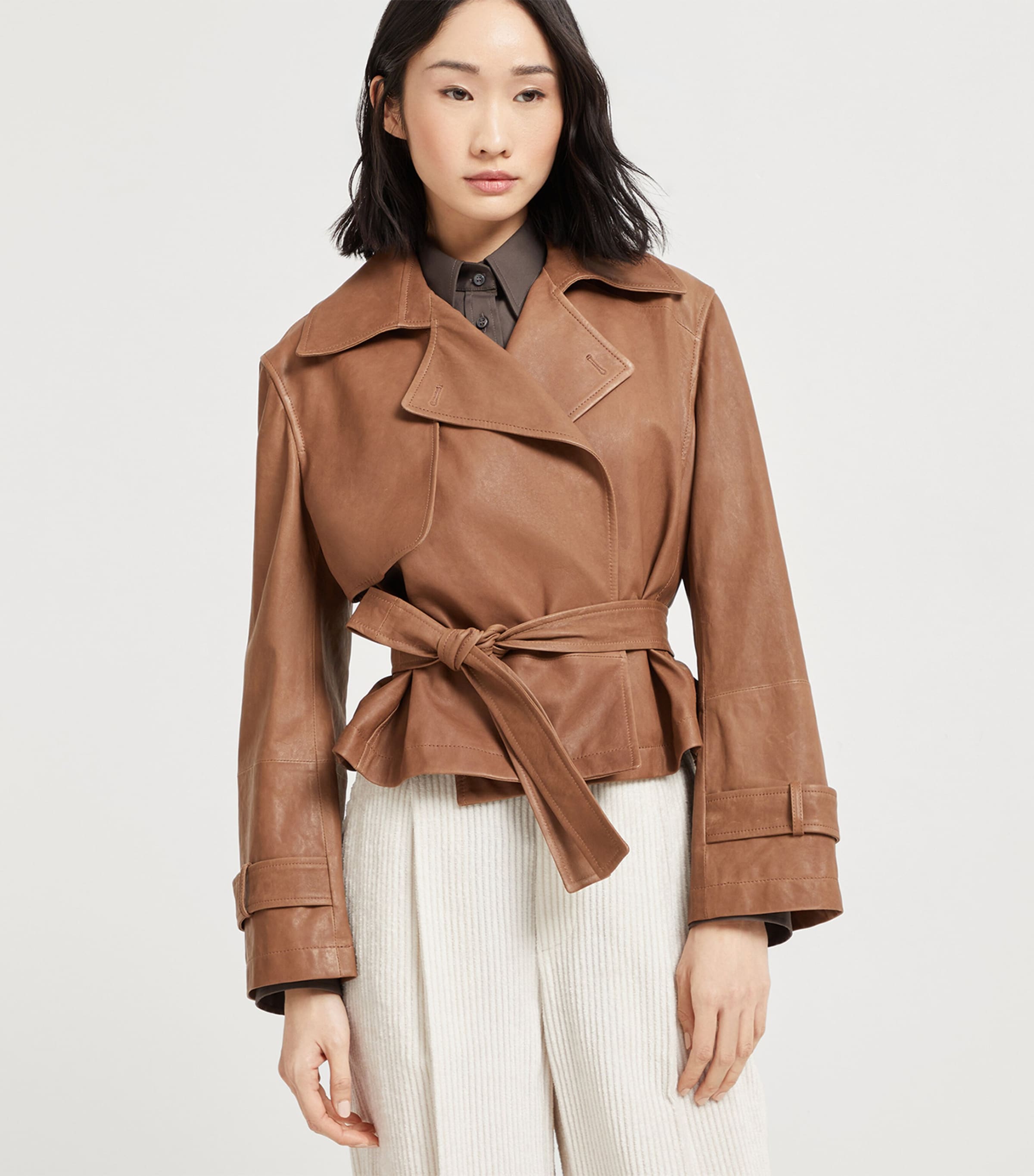 Brunello Cucinelli Brown Vintage Nappa Leather Cropped Trench Coat