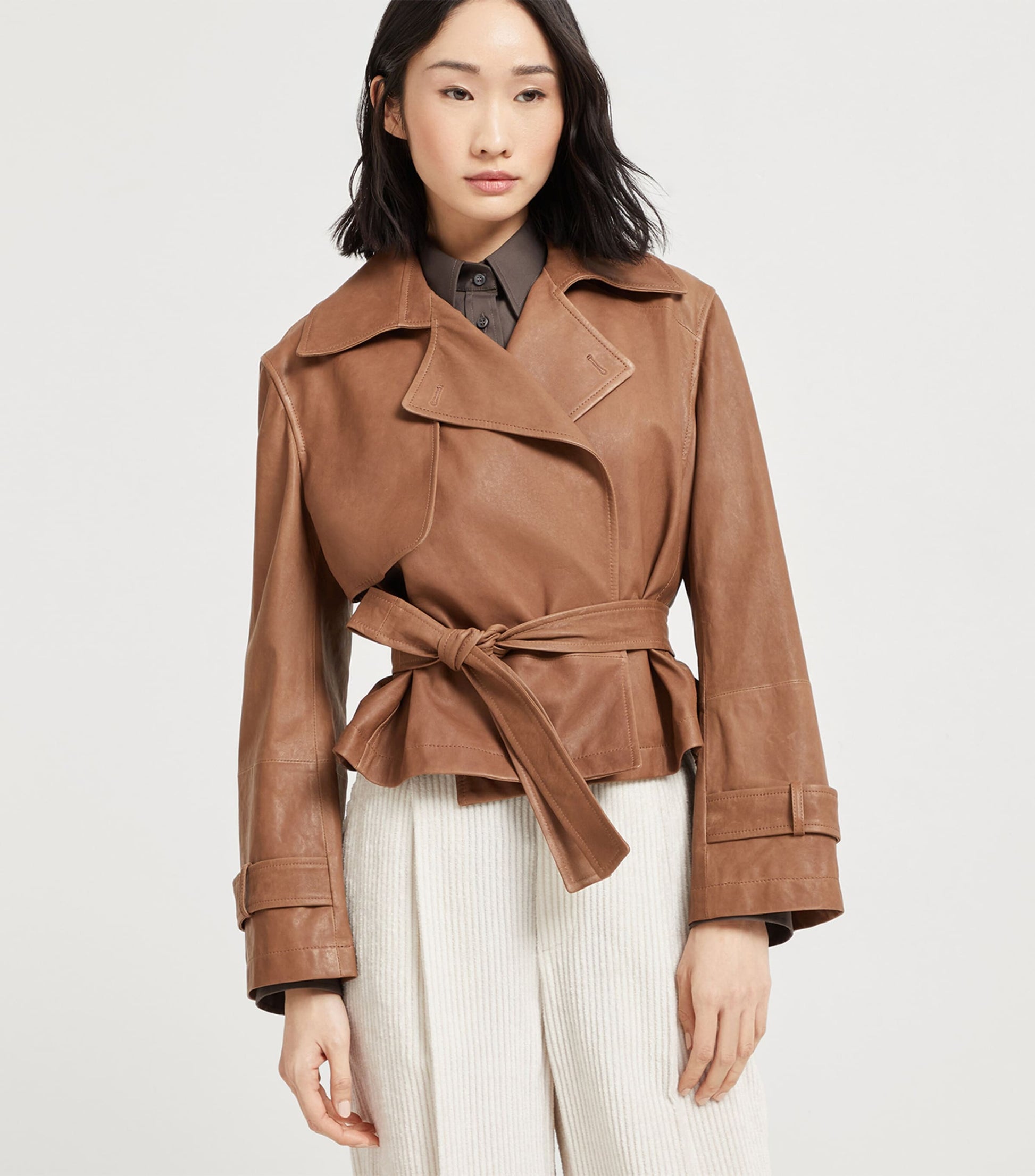 Brunello Cucinelli Brown Vintage Nappa Leather Cropped Trench Coat