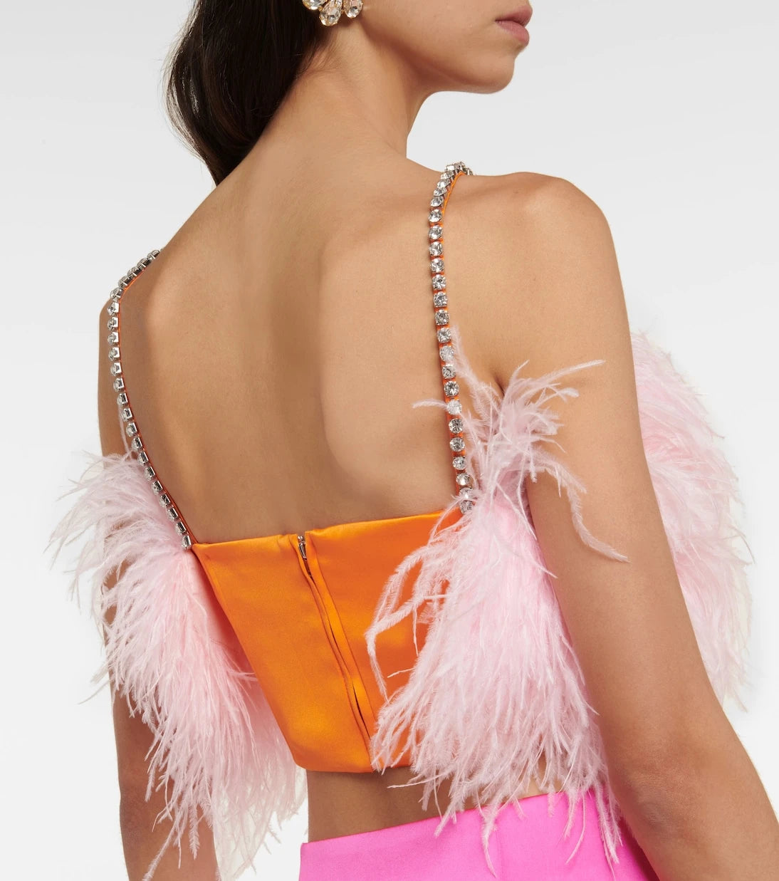 Self-Portrait - Feather-trimmed satin crop top
