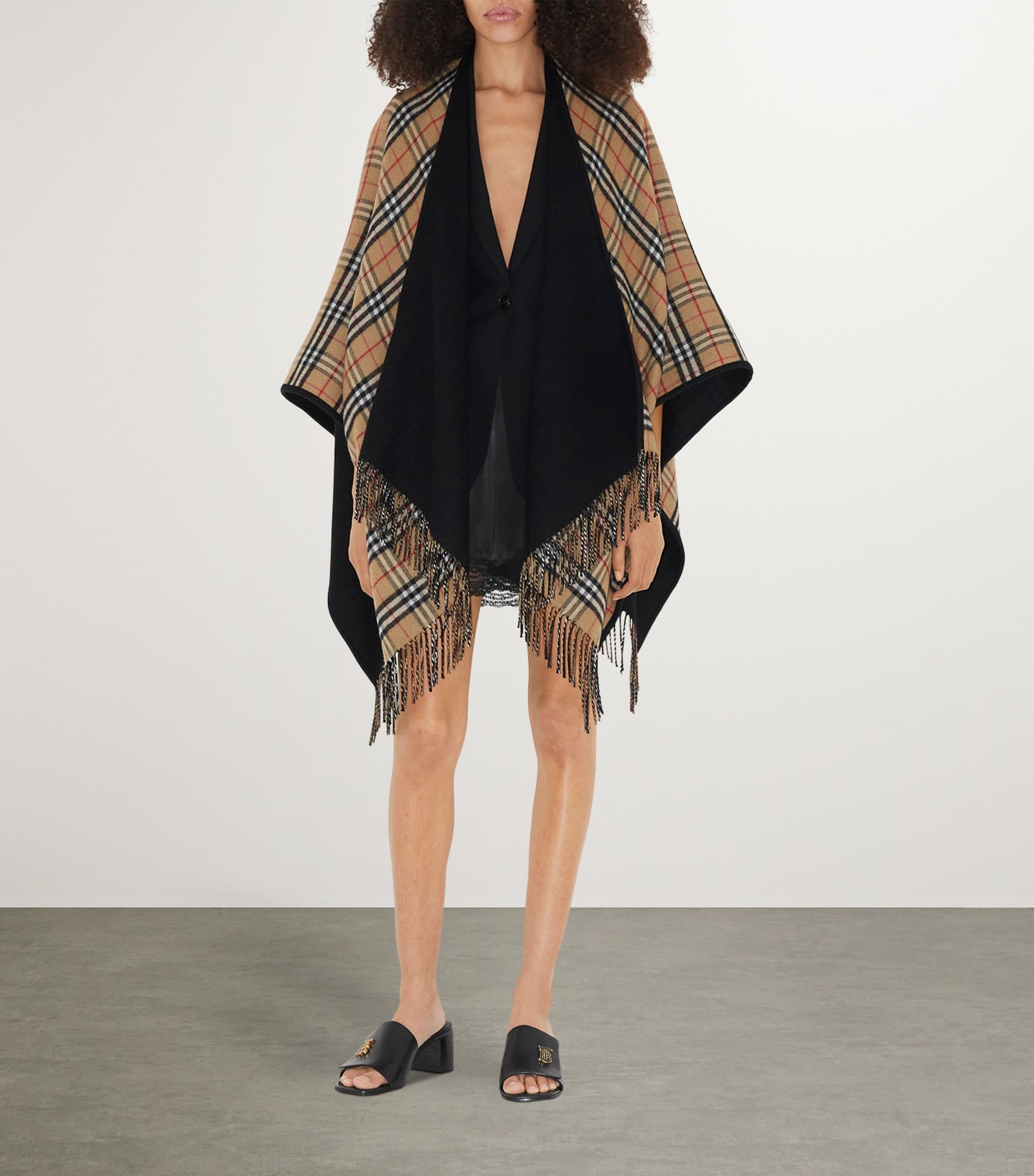 Black Wool Reversible Check Cape