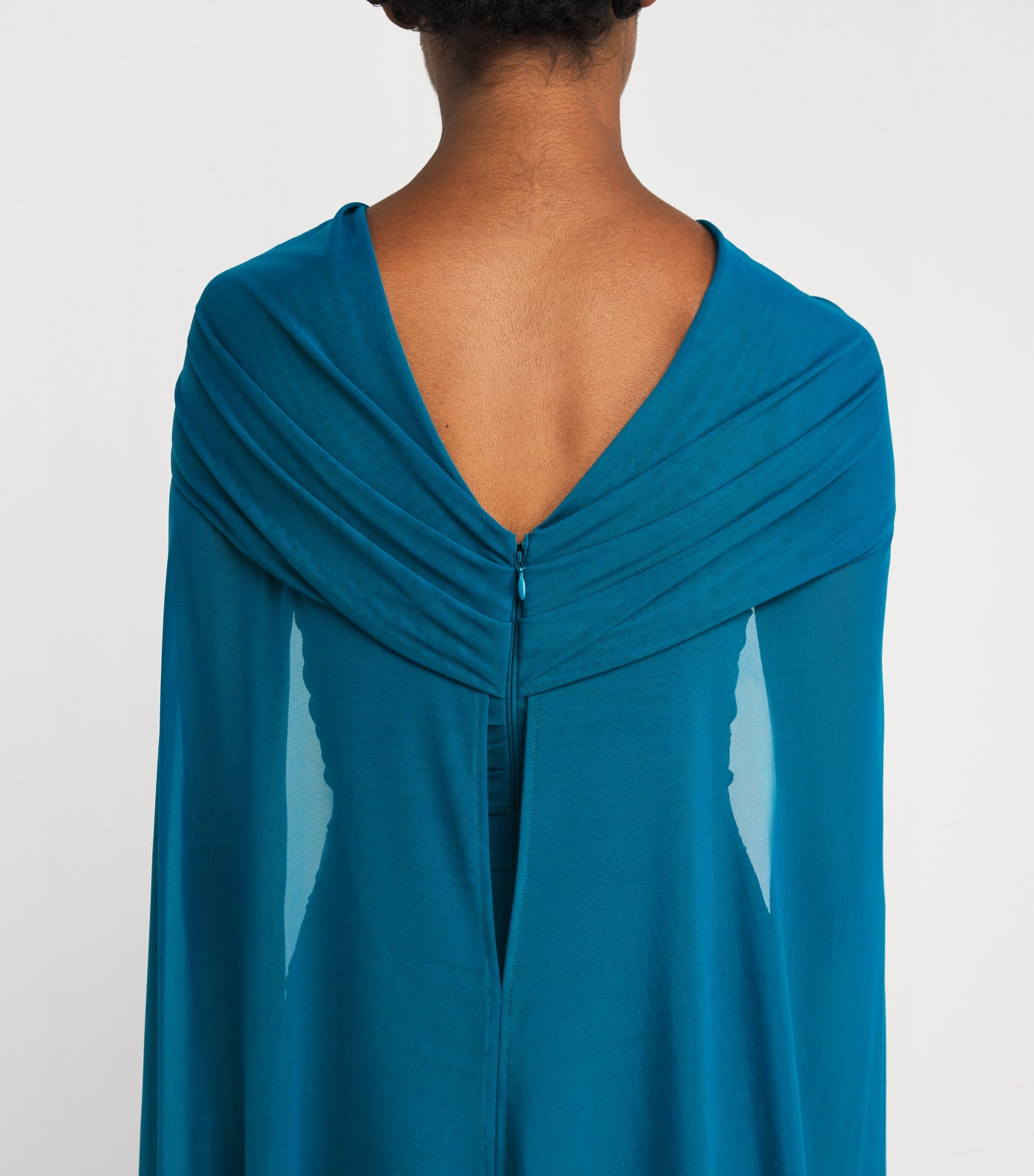 Talbot Runhof Blue Tulle Cape-Overlay Gown