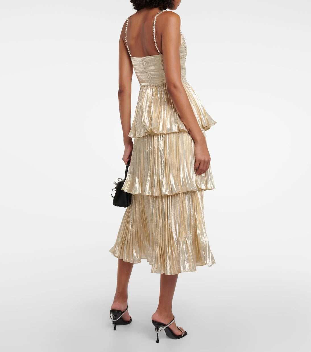 Self-Portrait - Metallic Tiered Midi Dress