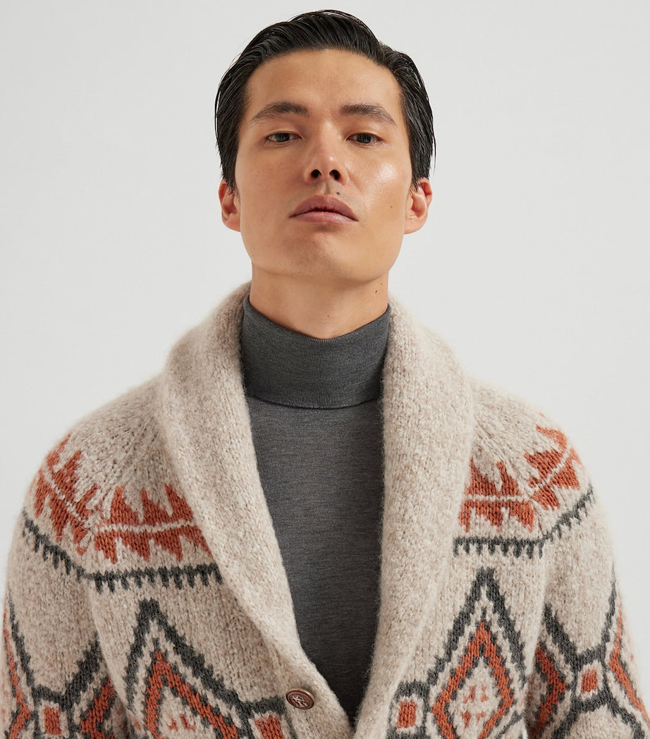 White Alpaca-Blend Jacquard Cardigan