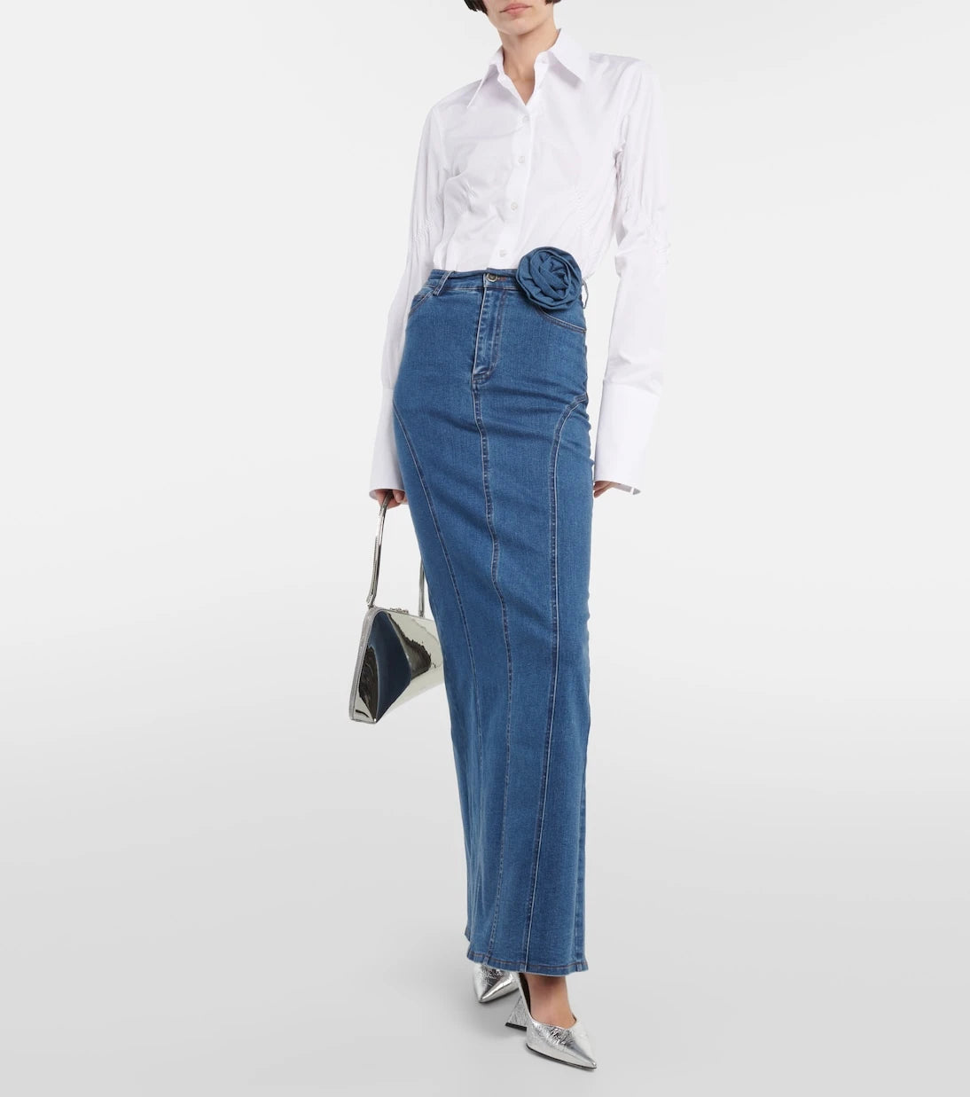Rotate - Floral-appliqué denim maxi skirt