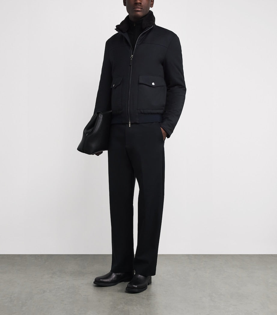 Canali Black Wool-Blend Shearling-Collar Bomber Jacket