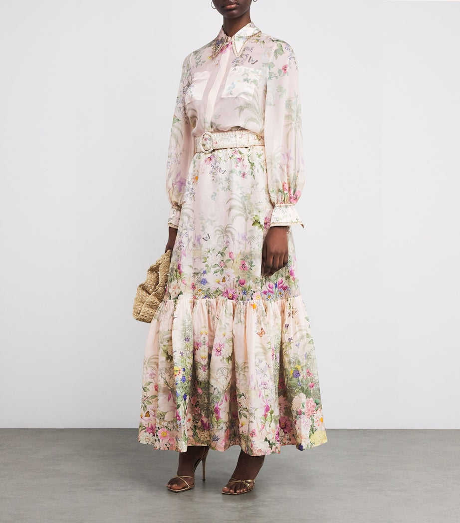 Pink Linen-Silk Belted Maxi Skirt