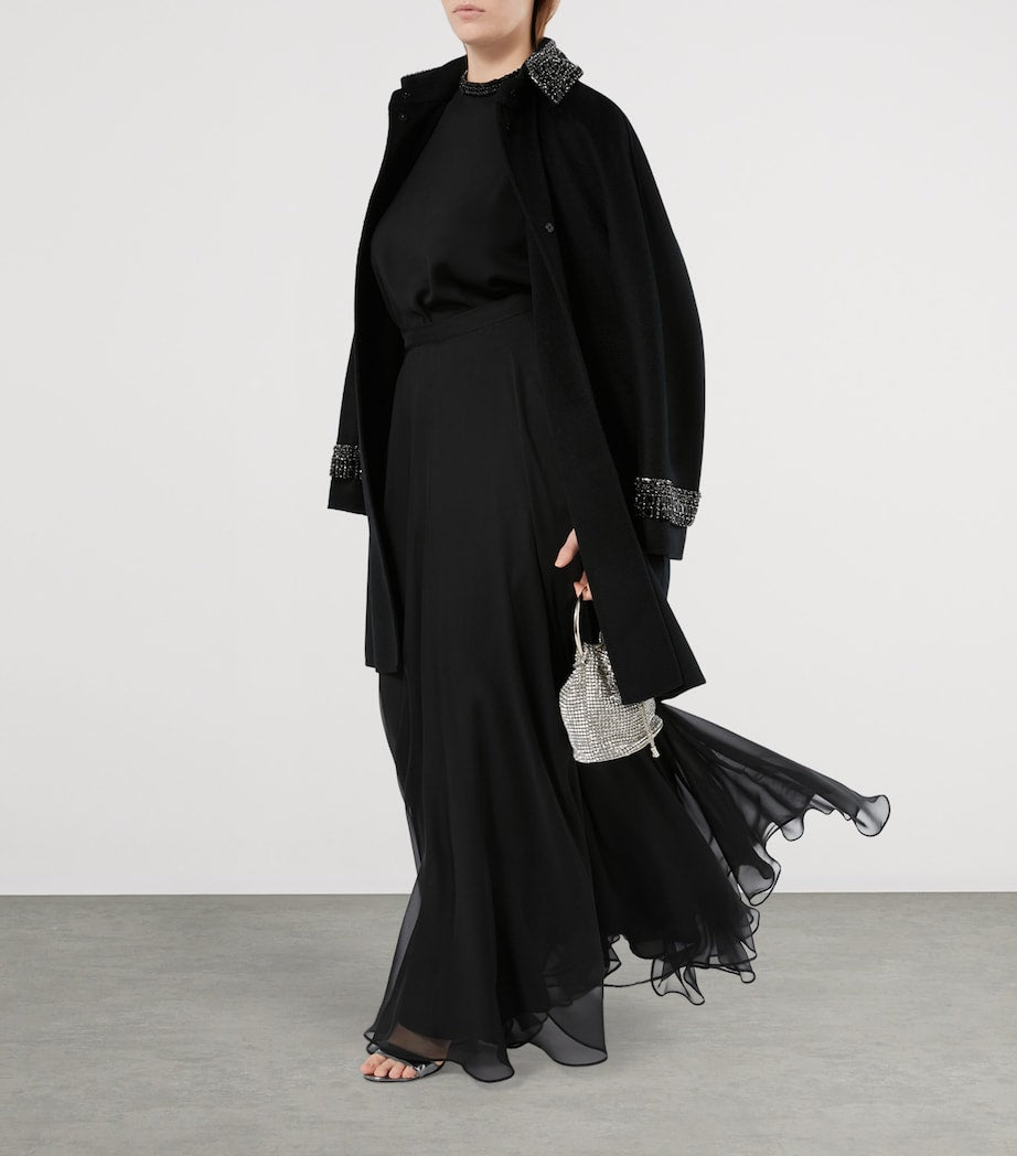 Marina Rinaldi Black Cady Chiffon-Sleeve Cambusa Blouse