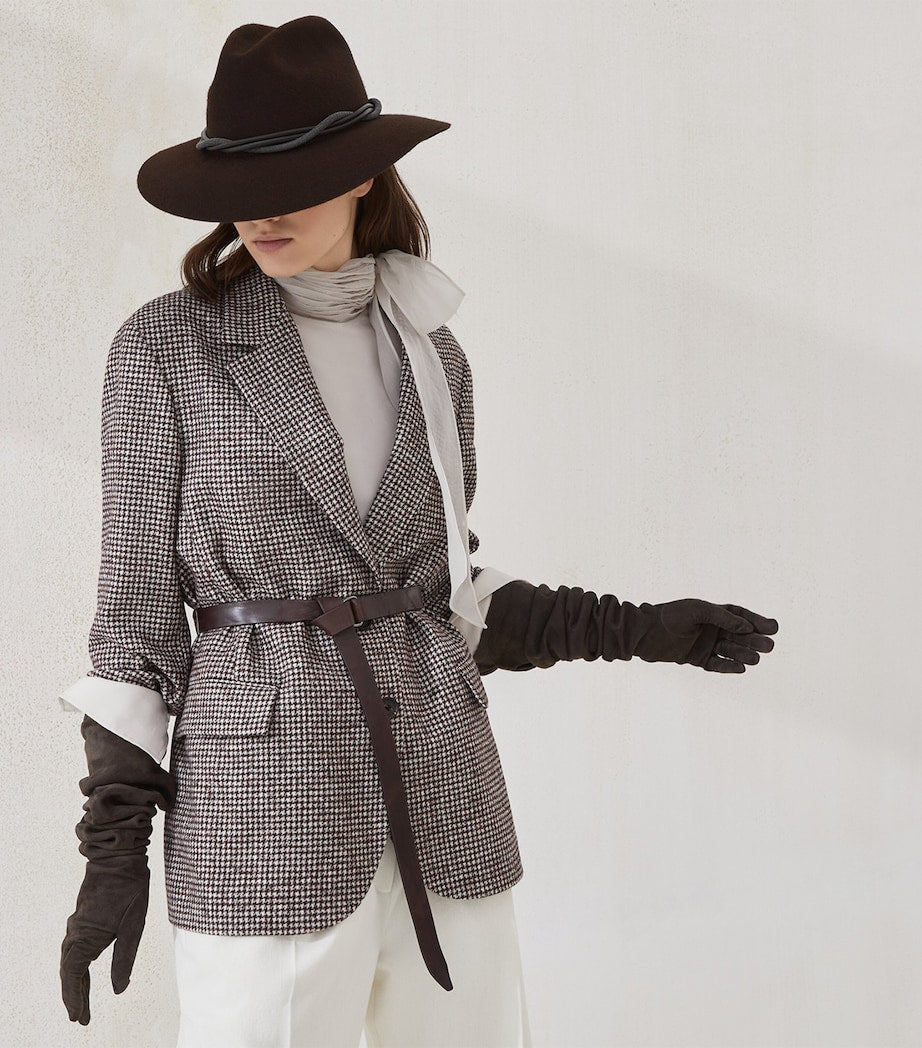 Brunello Cucinelli Brown Wool-Alpaca Houndstooth Belted Blazer