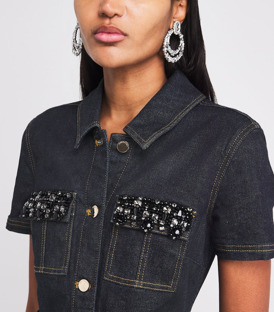 Self-Portrait Blue Denim Crystal-Trim Mini Dress