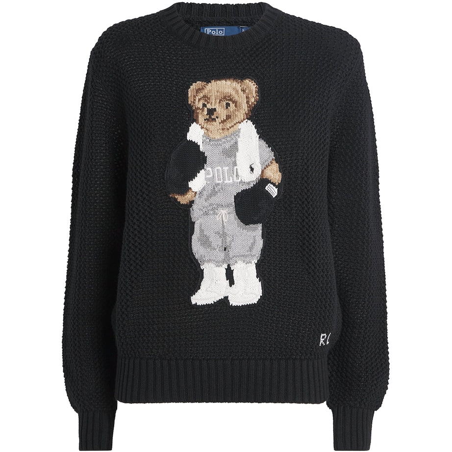 Polo Ralph Lauren Black Cotton Open Knit Polo Bear Sweater
