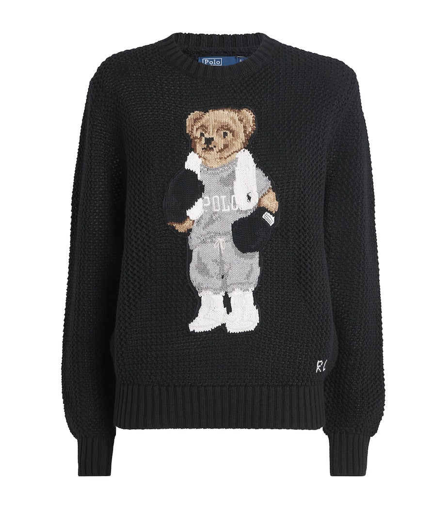 Polo Ralph Lauren Black Cotton Open Knit Polo Bear Sweater
