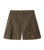 Brown Cotton Gabardine Belted Shorts