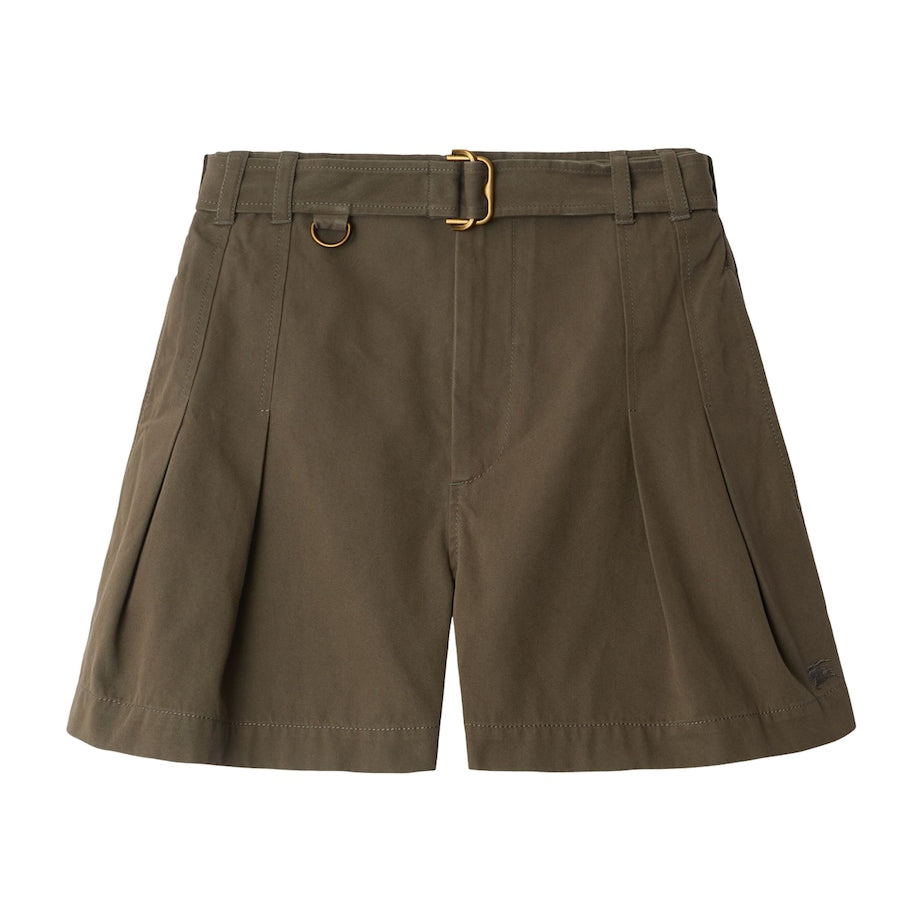 Brown Cotton Gabardine Belted Shorts