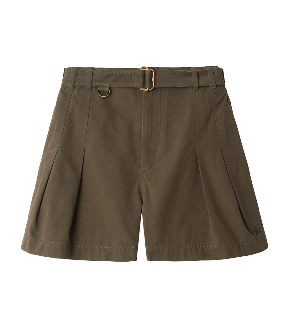 Brown Cotton Gabardine Belted Shorts