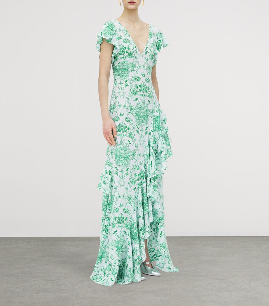 Blue Silk Sailor-Tattoo Ruffle Maxi Dress