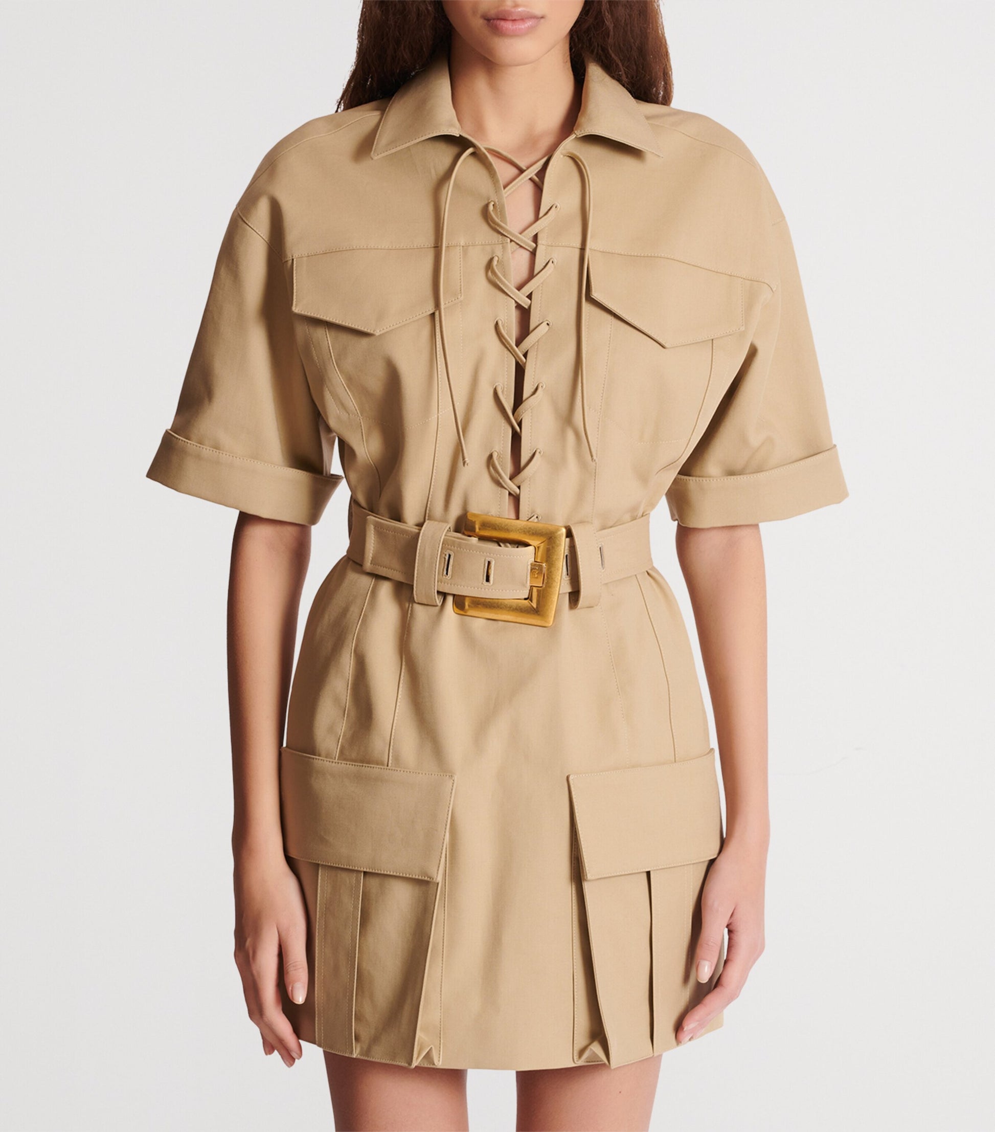 Beige Cotton Belted Mini Dress