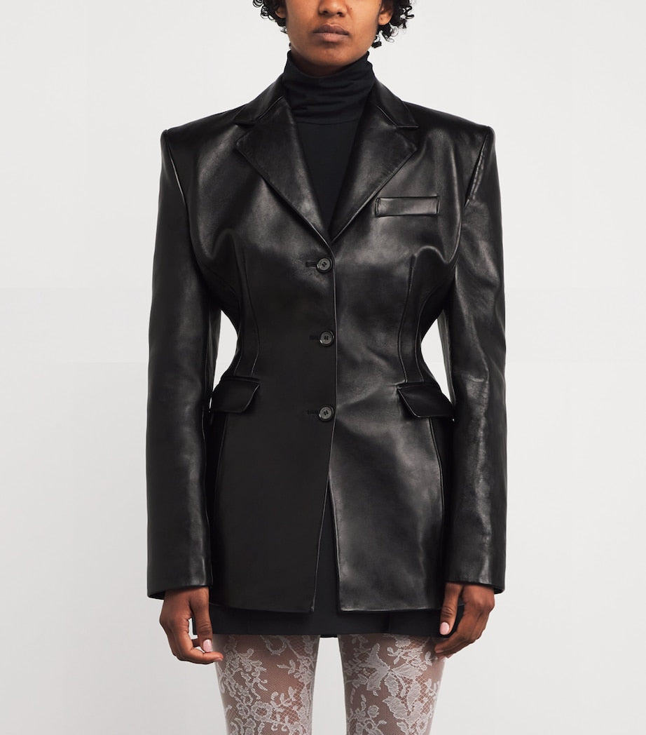 Leather Fitted Blazer BLACK