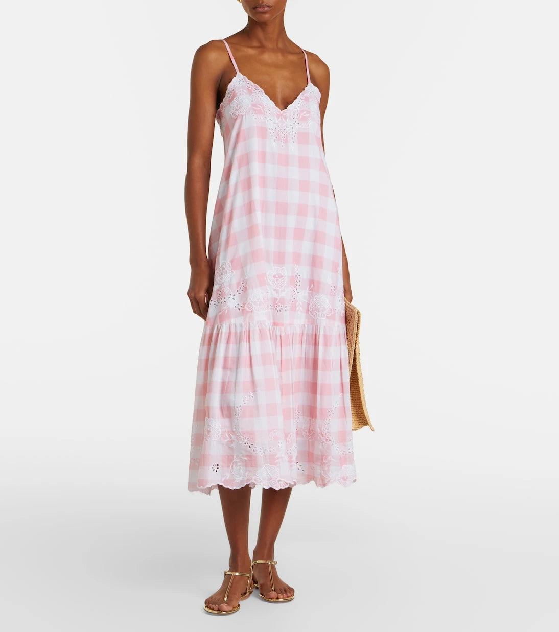 Juliet Dunn - Embroidered checked cotton midi dress