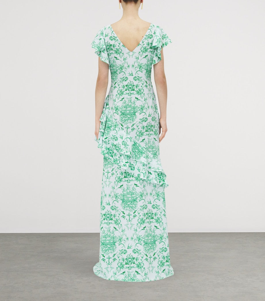 Blue Silk Sailor-Tattoo Ruffle Maxi Dress