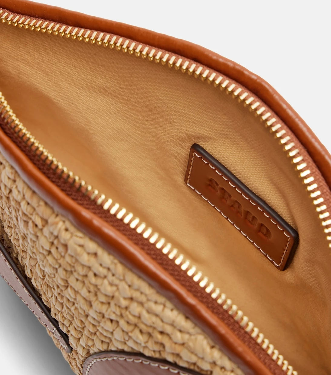 Staud - Pesce leather-trimmed raffia clutch