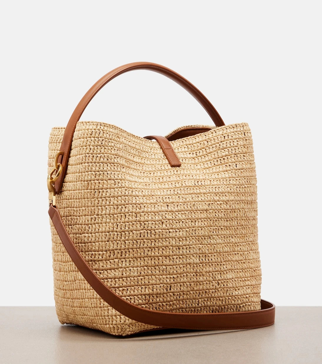 Saint Laurent - Le 37 leather-trimmed raffia bucket bag