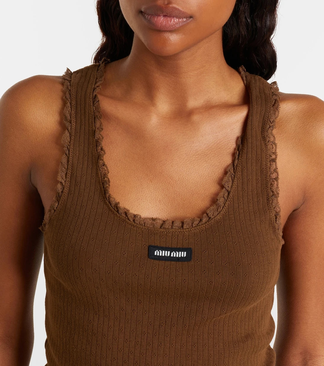 Miu Miu - Lace-trimmed pointelle cotton tank top