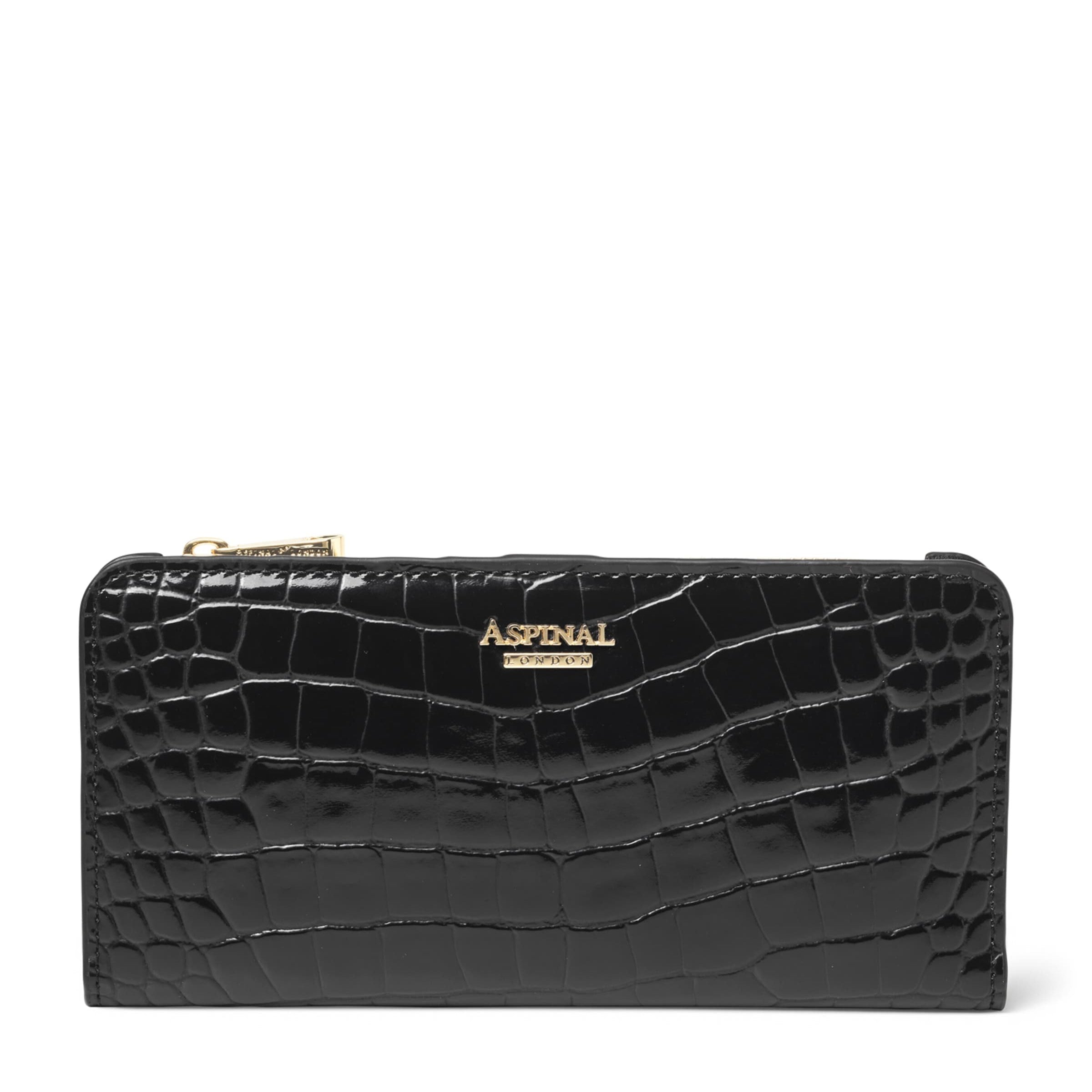 Aspinal Of London Black Large Leather Croc-Embossed Mayfair Purse
