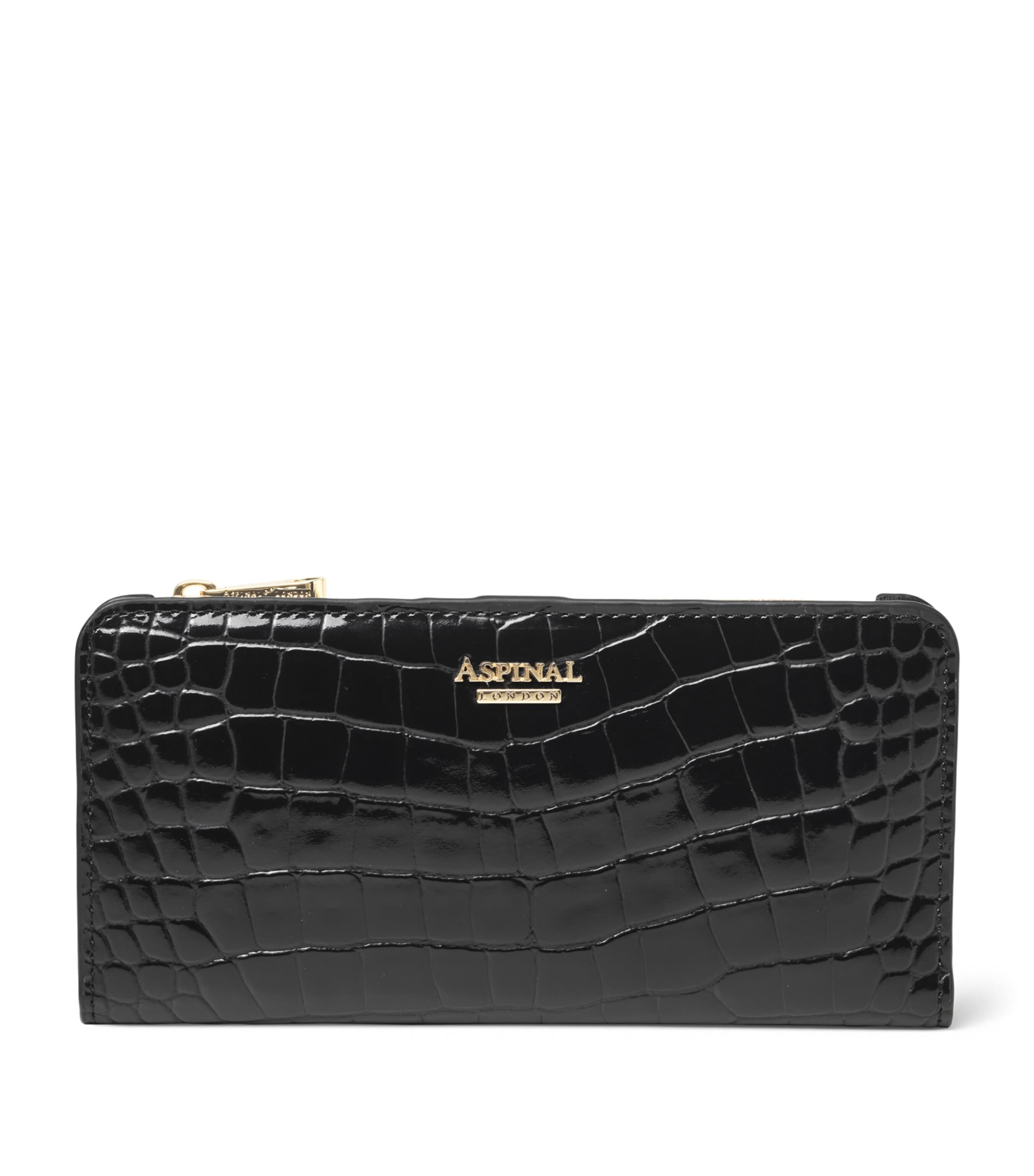 Aspinal Of London Black Large Leather Croc-Embossed Mayfair Purse
