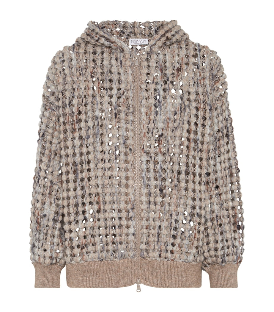 Brunello Cucinelli Black Net-Embroidered Zip-Up Hoodie